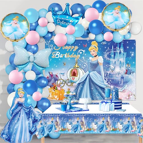 110PCS Princess Balloon Garland Arch Kit with Hot Blue Pink Balloon Tablecloth Backdrop for Girls Theme Party Background Balloon Decorations Birthday Baby Shower Princess Themed Decorations