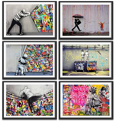 LOARTVE 6Pcs Banksy Wall Art Classic Street Graffiti Prints Abstract Colorful Canvas Posters Wall Decor Pictures for Living Room Bedroom Home Decoration Unframed