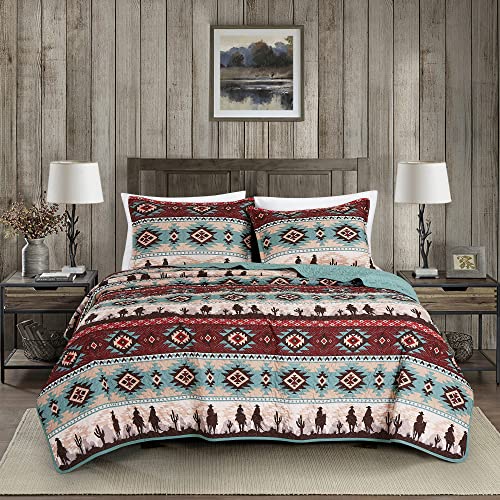 Chezmoi Collection Dune 3-Piece Southwestern Cowboys Aztec Quilt Set - Multicolor Teal Brown Beige Tan Red Printed Microfiber Bedspread Set, Queen (100' x 95')