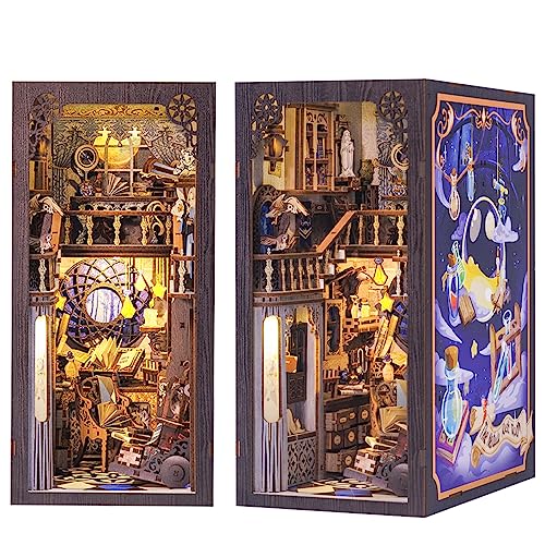 CUTEBEE DIY Book Nook Kit with Dust Cover, DIY Dollhouse Booknook Bookshelf Insert Decor Alley, Bookends Model Build-Creativity Kit with LED Light(Nebula Common Room)