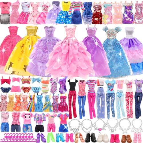 48 PCS Doll Clothes and Accessories 3 PCS Wedding Gowns 3 Tops 3 Pants 3 PCS Fashion Dresses 2 Sets Swimsuits Bikini 6 Braces Skirt 6 Necklace 10 Hangers and 15 pcs Shoes for 11.5 inch Doll