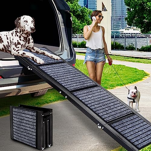 CJYMMFAN Folding Dog Car Ramp for Medium & Large Dogs, Portable Pet Stair Ramp with Non-Slip Rug Surface, 62' Long & 17' Extra Wide Dog Steps for Large Dogs Up to 200LBS Enter a Car, SUV & Truck