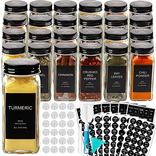 AISIPRIN 24 Pcs Glass Spice Jars with 398 Labels, 4oz Empty Square Spice Containers Seasoning Bottles - Shaker Lids, Funnel, Brush and Marker Included(Black Metal Caps)