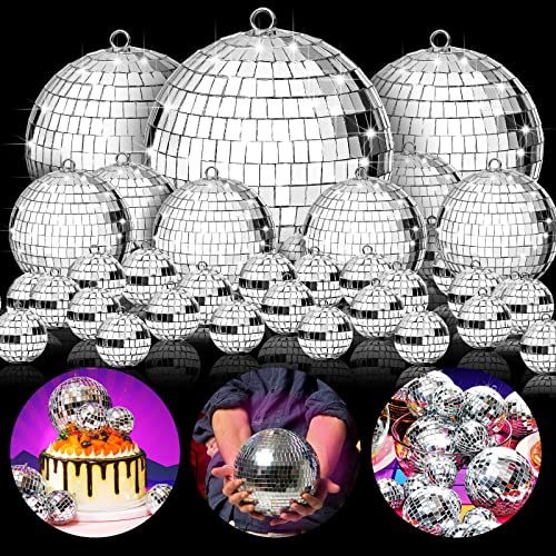 Sumind 35 Pcs Hanging Mirror Disco Balls Ornaments Silver Mini Disco Ball Decorations Reflective Mirror Ball Bulk Decoration for 70s Disco Themed Party Decor(2'', 3'', 4'', 6'')