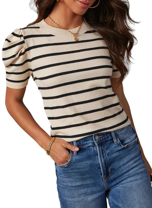 Dokotoo Womens Summer Blouses Short Puff Sleeve Striped Knit Tops Crewneck Casual Blouses Elegant Ribbed Knit Oversized Shirts X-Large