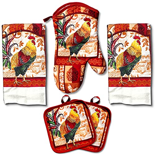 Lobyn Value Packs: Decorative & Functional Rustic Rooster Kitchen Set – 5 Pieces, Perfect for Farmhouse Décor Set Includes 2 Dish Towel 2 Pot Holders 1 Oven Mitt | Kitchen Towel Set for Daily Use