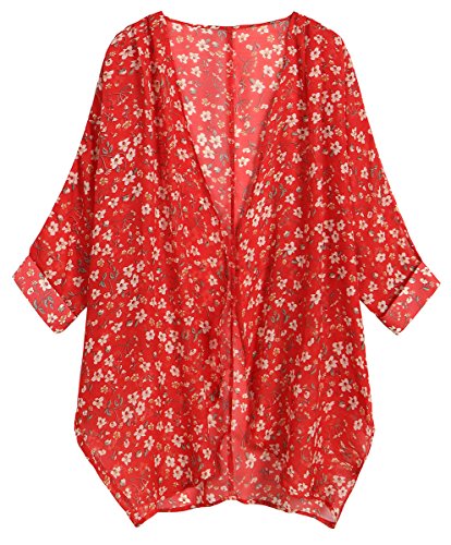 olrain Women's Floral Print Sheer Chiffon 3/4 Bat Sleeve Casual Loose Kimono Cardigan Capes (XX-Large, Red White)