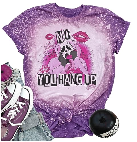 No You Hang Up Funny Halloween T Shirt for Women Ghost Face Bleached Graphic Tees Scream Movie Halloween Party Shirts (S,Purple)