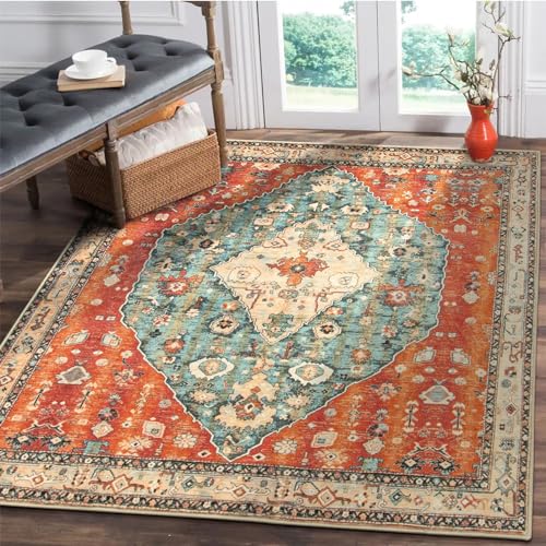 Lahome Boho Tribal Square 4x4 Area Rug, Washable Kitchen Rugs Soft Living Room Rugs with Rubber Backing, Oriental Non Slip Non-Shedding Indoor Throw Floor Carpets for Bedroom Nursery Office