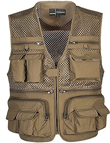 Flygo Mens Mesh Outdoor Work Fishing Travel Photo Vest with 16 Pockets Khaki (XXX-Large, Khaki)