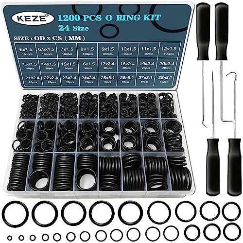 KEZE 1200 Pcs 24 Size Universal Rubber O-Ring Assortment Kit with 4-Piece Precision Pick and Hook Set for Auto Vehicle Faucet Plumbing Pressure Washer Air or Gas Sealing Repair OD:6mm-28mm Oring