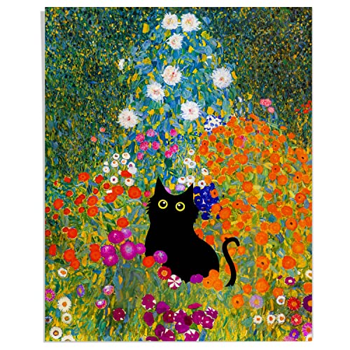 Gustav klimt Flower Garden Wall Art - Gustav Klimt Poster - Black Cat Poster - Funny Cat Wall Decor Print - Cat Wall Art - Vintage Landscape Wall Art - Gustav Klimt Famous Art Prints, 8x10'Unframed