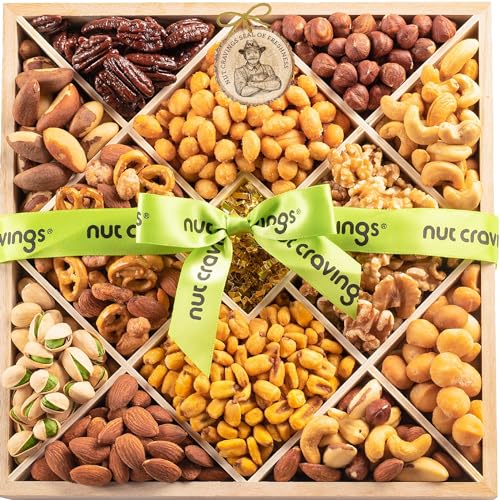 Nut Cravings Gourmet Collection - Mixed Nuts Gift Basket in Reusable Diamond Wooden Tray + Green Ribbon (12 Assortments) Arrangement Platter, Healthy Kosher USA Made