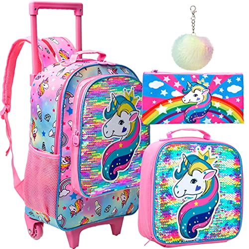 gxtvo Rolling Backpack for Girls, Roller Wheels Kids Bookbag - Wheeled Suitcase Elementary Sequin School Bag - 3PCS Unicorn