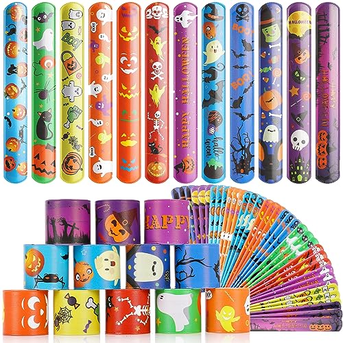 Halloween Party Favors for Kids - 36 PCS Friendship Bracelets Halloween Party Supplies Party Decorations, Halloween Slap Bracelets Wristbands Print with Spider Pumpkin Ghost Print Halloween Treats