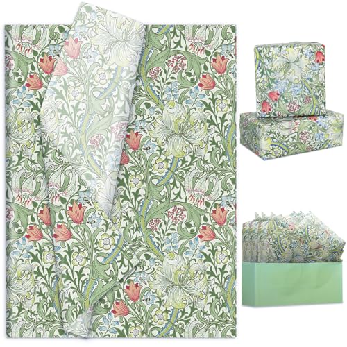JarThenaAMCS 100 Sheets Vintage Floral Tissue Paper Greenery Gift Wrapping Paper Green Flower Decorative Art Paper for DIY Crafts Birthday Baby Shower Party Home Supplies, 14 x 20 Inch
