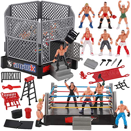 Liberty Imports Ultimate 32-Piece Wrestling Miniature Toys for Kids Pretend Play, Wrestler Figures with 2 Rings & Realistic Accessories for Boys and Girls, Great for Cake Toppers, Parties