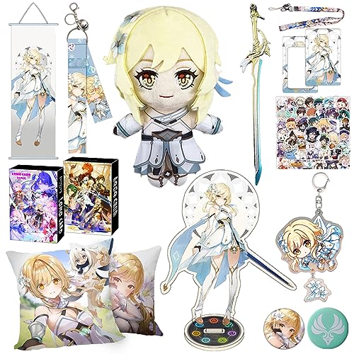 Genshin Merch Box - Including Doll,Pillowcase,Hanging Pictur,Stand,Amulet,Keychain,Pendant,2 Brooch,30 Lomo Card,50 Sticker(Lumine)