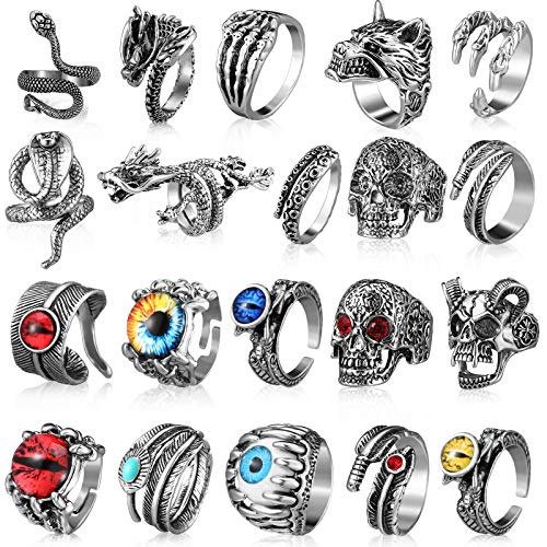 Hicarer 20 Pieces Vintage Punk Rings Set, Alloy Gothic Biker Adjustable Rings, Skeleton Skull Evil Eye Chinese Dragon Claw Octopus Dragon Rings for Women Men Boys Hawolleen Decoration(Classic Style)