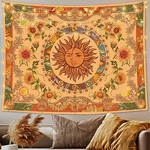 Accnicc Yellow Sun and Moon Tapestry Vintage Indie Boho Tapestry Wall Hanging with Sunflowers Butterfly Moth Constellation Aesthetic Wall Tapestries for Bedroom Dorm Living Room (Orange, 36'' × 48'')