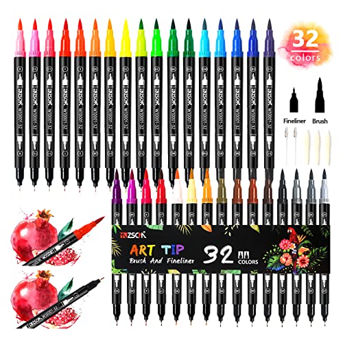ZSCM 32 Colors Duo Tip Brush Markers Art Pen Set, Artist Fine and Brush Tip Colored Pens, for Adult Coloring Books Christmas Cards Drawing, Note taking Lettering Calligraphy Journaling