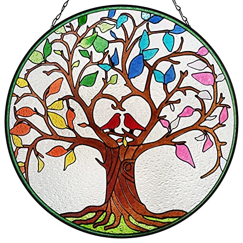 Stained Glass Suncatcher Window Hanging 12” Tree of Life Wall Hanging Ornament Hand-Painted Vivid Color Glass Panel Decor