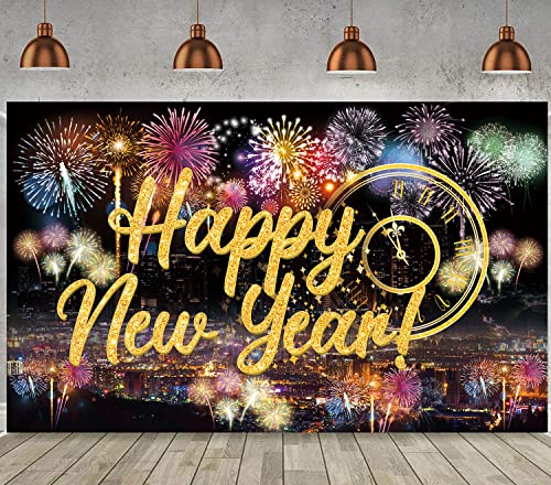 Famoby Happy New Year Fabric Sign Poster Backdrop with Fireworks for New Year Photo Booth Background Party Decoration