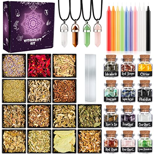 WELLPICK 41PCS Witchcraft Supplies Kit Box for Witch - Crystals Spell Jars for Witches - Herbs for Witchcraft - Spell Candles and Pendulum for Wiccan - Witchy Gift for Women (41PCS)