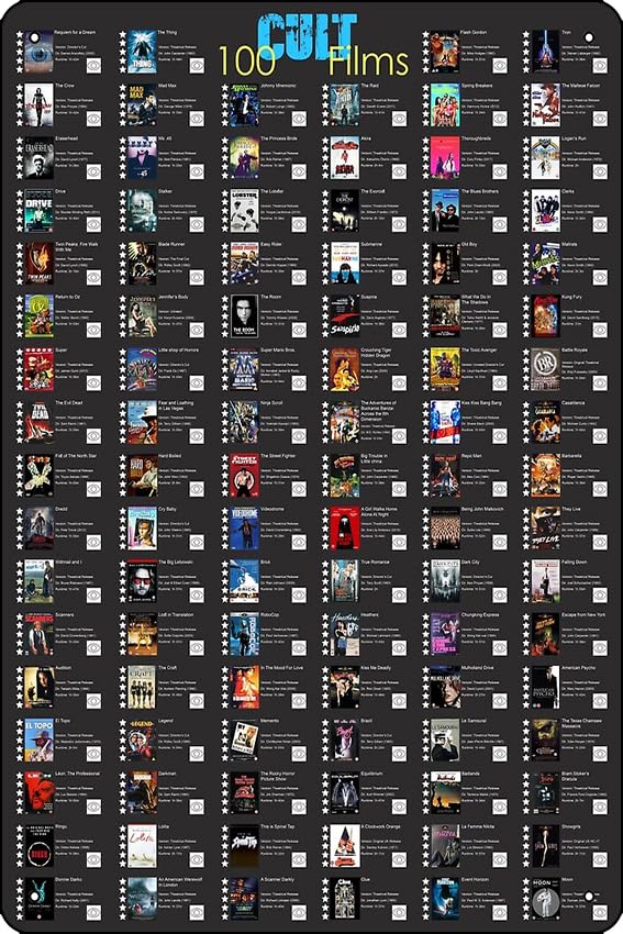 100 Cult Films Watch and Rate Poster Metal Tin Sign Plaque Man Cave Wall 8x12 Inch Wall Art Decoration