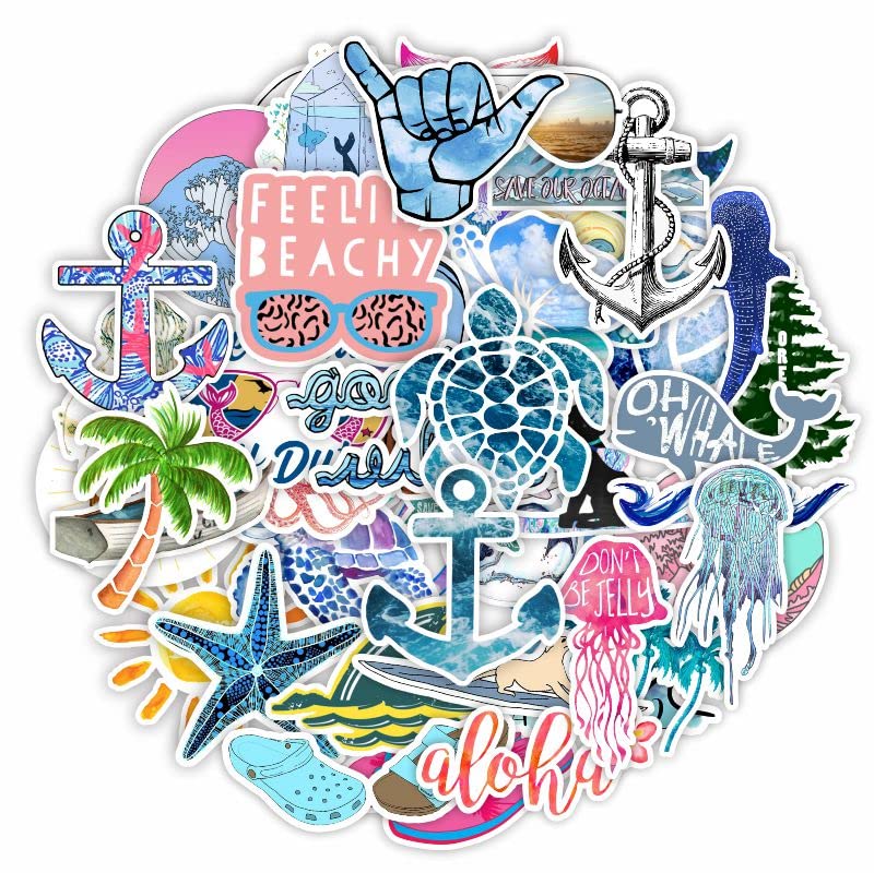 50 Pcs Sea Stickers Vacation Decals for Water Bottle Hydro Flask Laptop Luggage Car Bike Bicycle Waterproof Vinyl Beach Surfing Stickers Pack