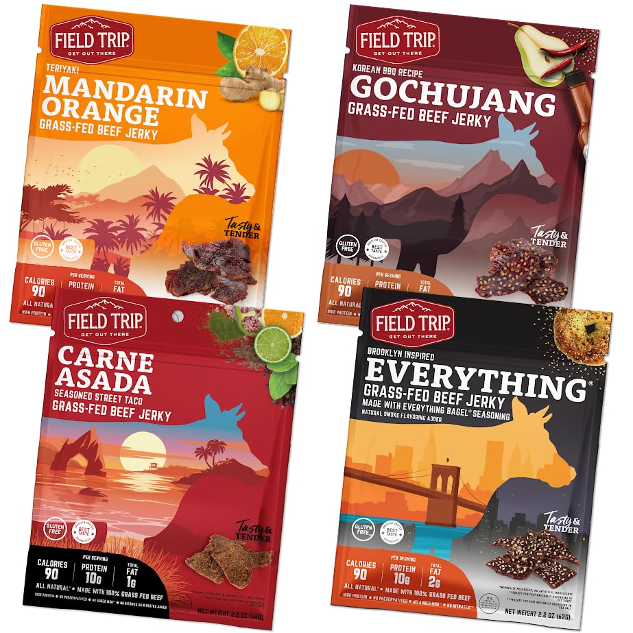 Field Trip Grass Fed Beef Jerky Variety Pack, Healthy Gluten Free Snacks, All Natural, Paleo-Friendly Meat Snacks with No Nitrates, Low Carb, High Protein Snacks, 2.2oz Bag, 4 Pack