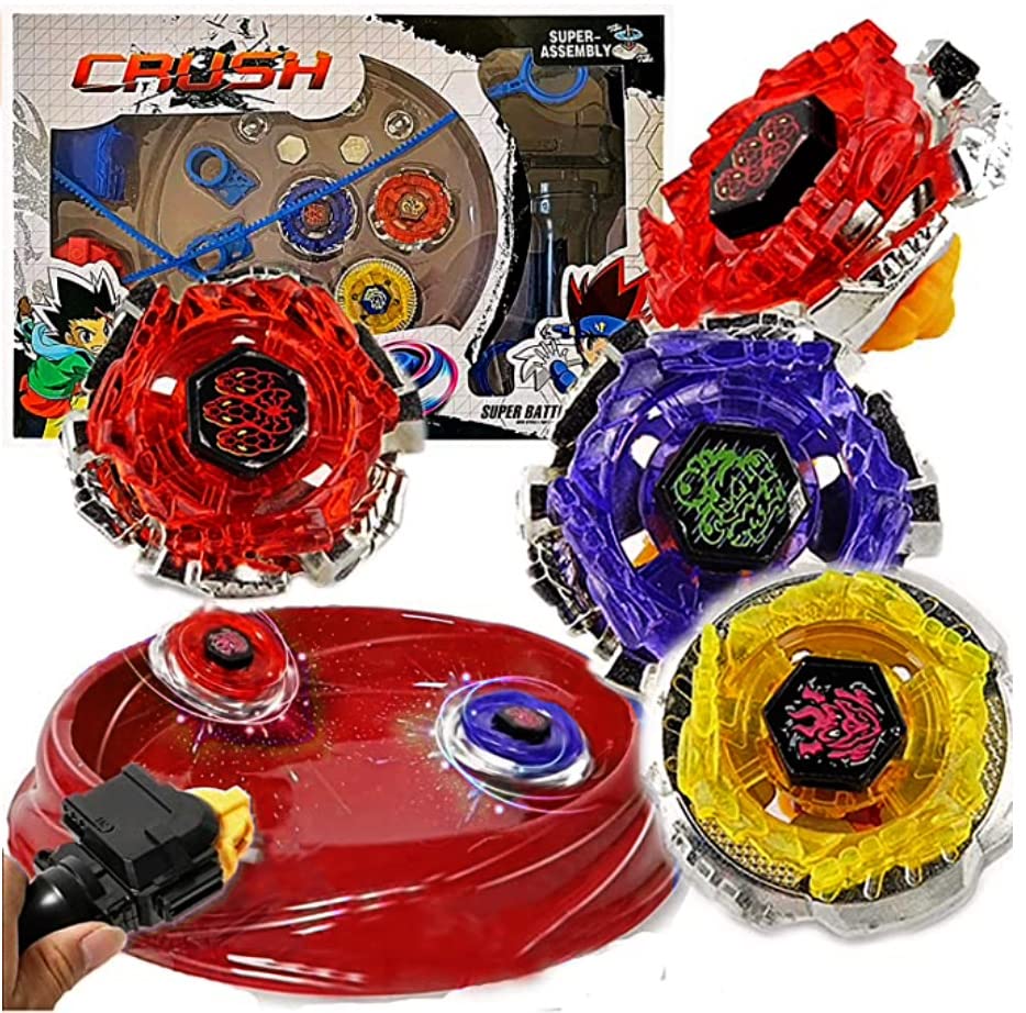 Crush Bey Battling Blades Metal Fusion Starter Set | 4 Tops, 2 Launchers, 4 Tips, 2 Bolts, 2 Fitting Keys, 1 Grip, 1 Arena