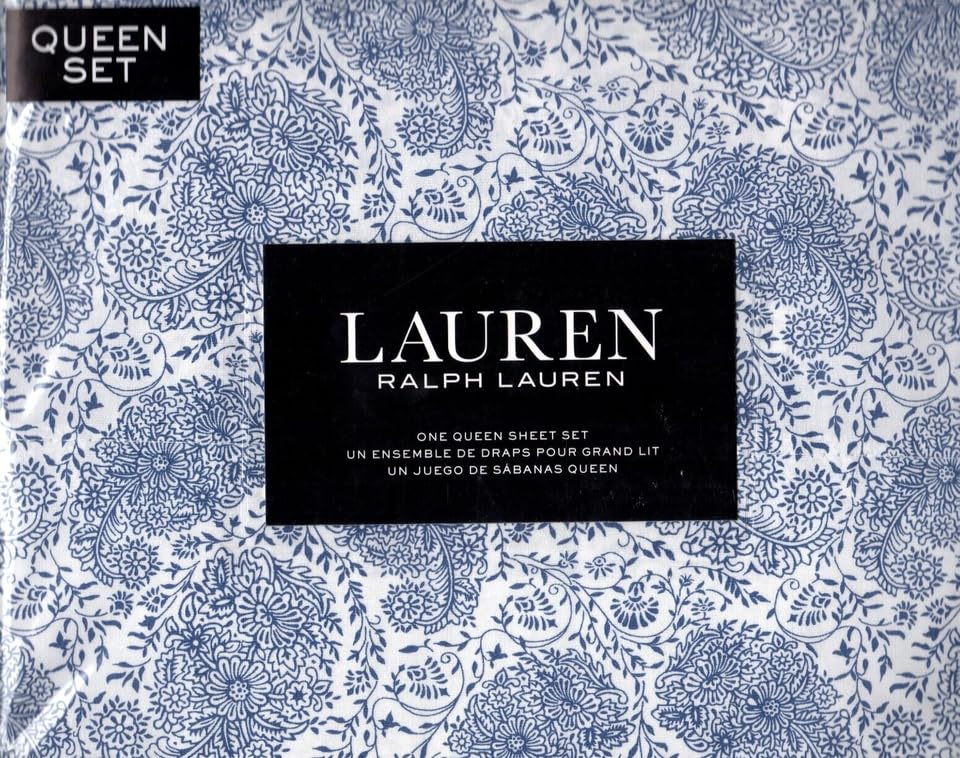 Lauren Ralph Lauren Ivy Ink Paisley Blue Floral 4P Extra Deep Queen Sheet Set Cotton White Ground