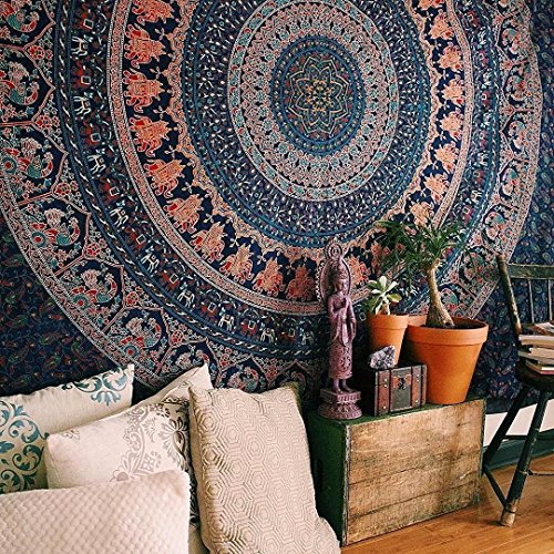 Popular Handicrafts Tapestry Wall Hanging Hippie Mandala Bohemian Hippy Psychedelic Design Indian Indian Magical Tapestries Bedspread 90 x 108 Inches (230cm x 270cm) Navy Blue