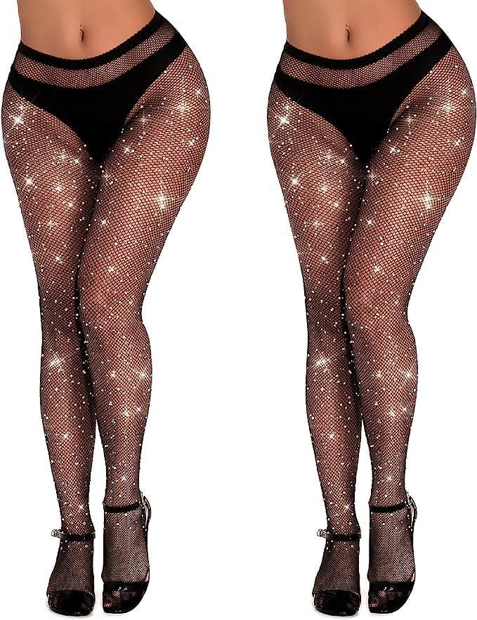 Buauty 2 pcs Sparkly Fishnet Stockings For Women,Rhinestone Fishnets Tights, Fishnet Tights Plus size, Fish Nets Fits All