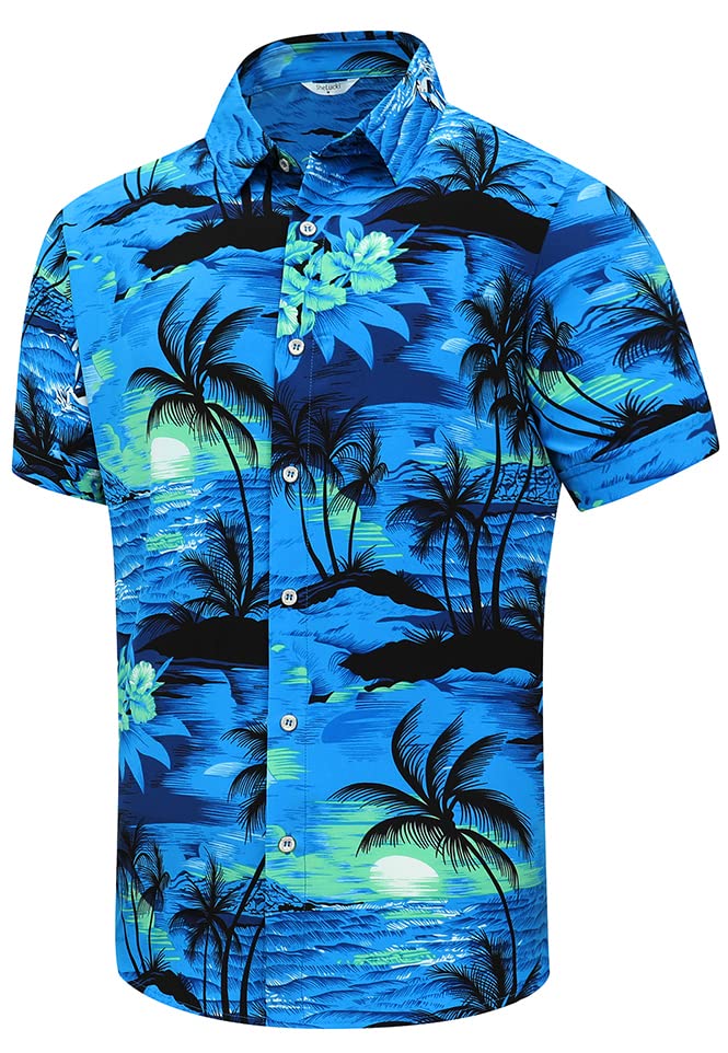 SheLucki Hawaiian Shirt for Men, Unisex Summer Beach Casual Short Sleeve Button Down Shirts, Printed Palmshadow Clothing Palm Tree Blue XL